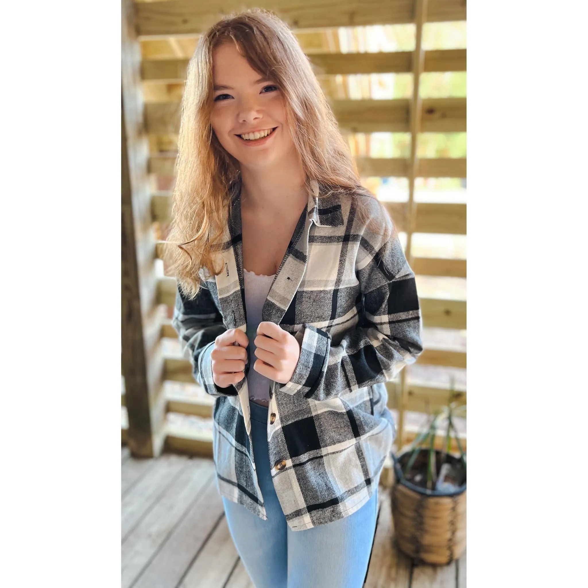 OBX brand Plaid Flannel Jacket Shacket in Black and Pink S