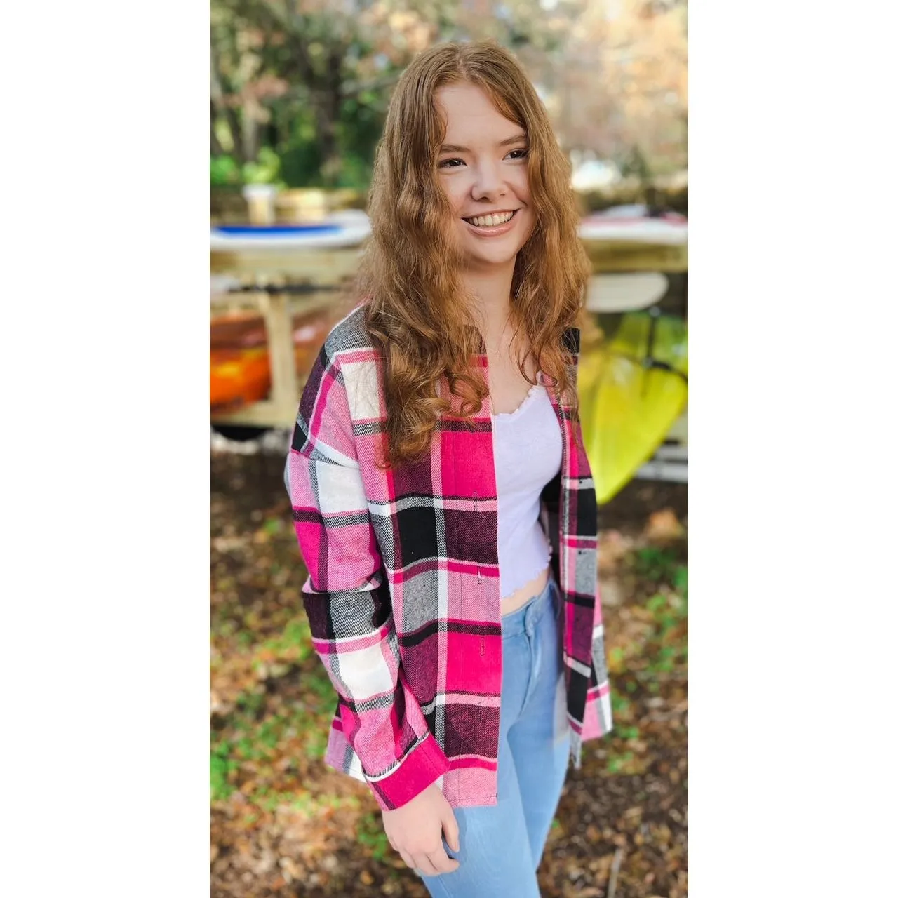 OBX brand Plaid Flannel Jacket Shacket in Black and Pink S