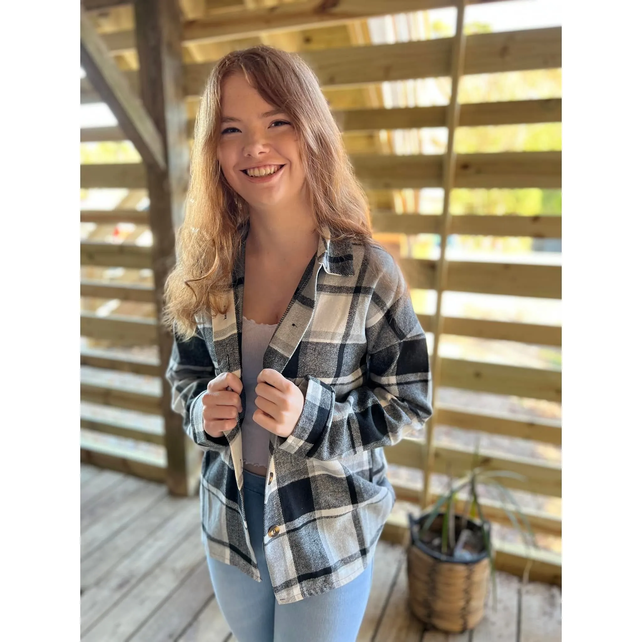 OBX brand Plaid Flannel Jacket Shacket in Black and Pink S