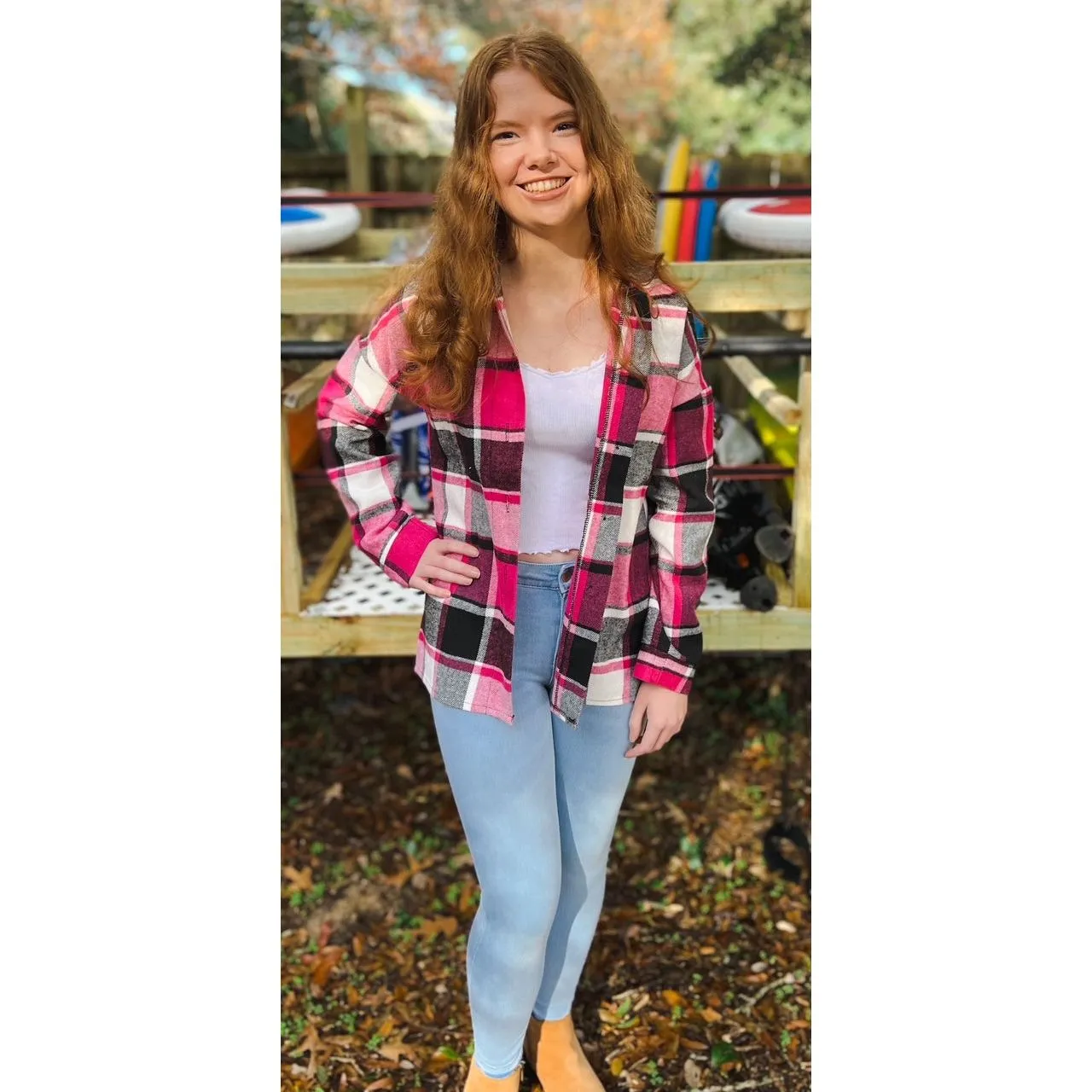 OBX brand Plaid Flannel Jacket Shacket in Black and Pink S