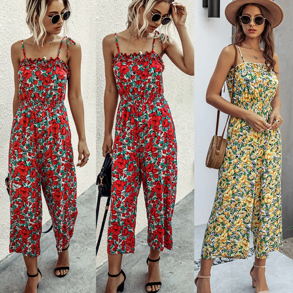 Off Shoulder Backless Suspenders Jumpsuit Elastic Waist Printed Rompers