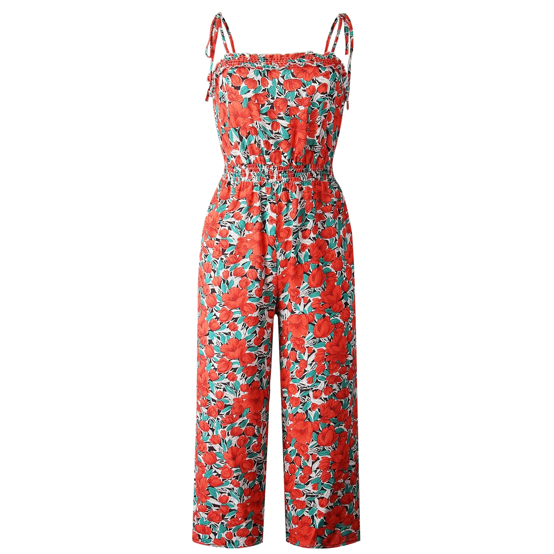 Off Shoulder Backless Suspenders Jumpsuit Elastic Waist Printed Rompers
