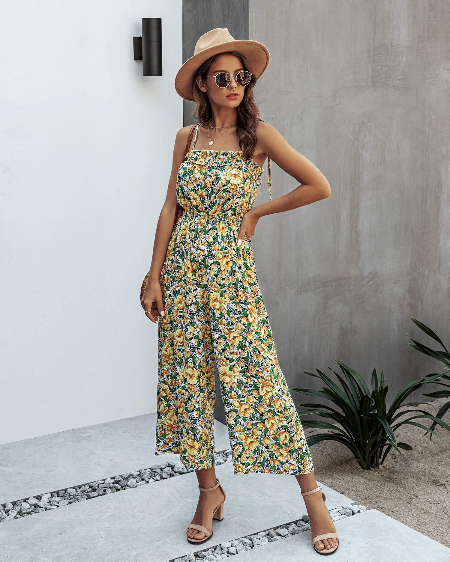 Off Shoulder Backless Suspenders Jumpsuit Elastic Waist Printed Rompers