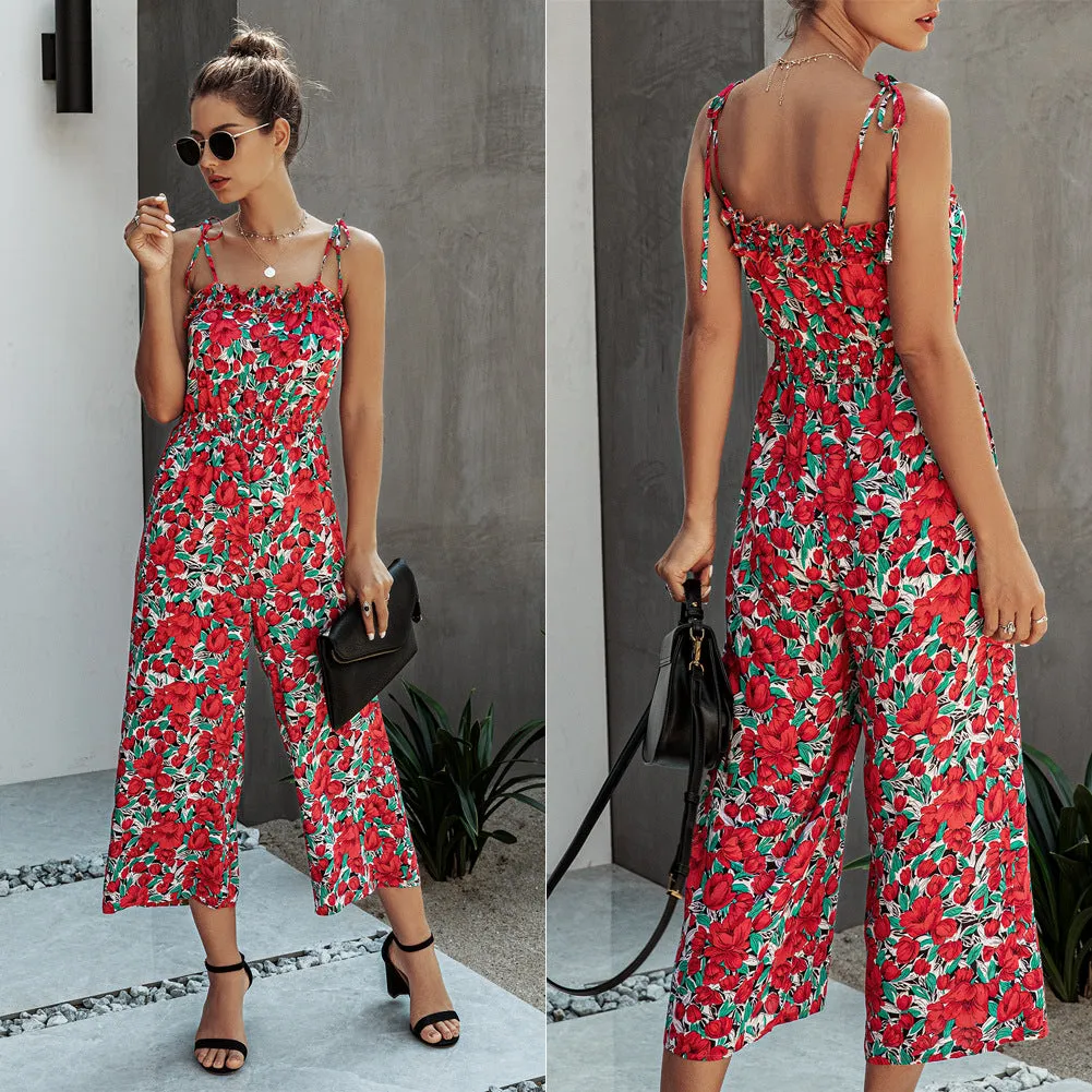 Off Shoulder Backless Suspenders Jumpsuit Elastic Waist Printed Rompers