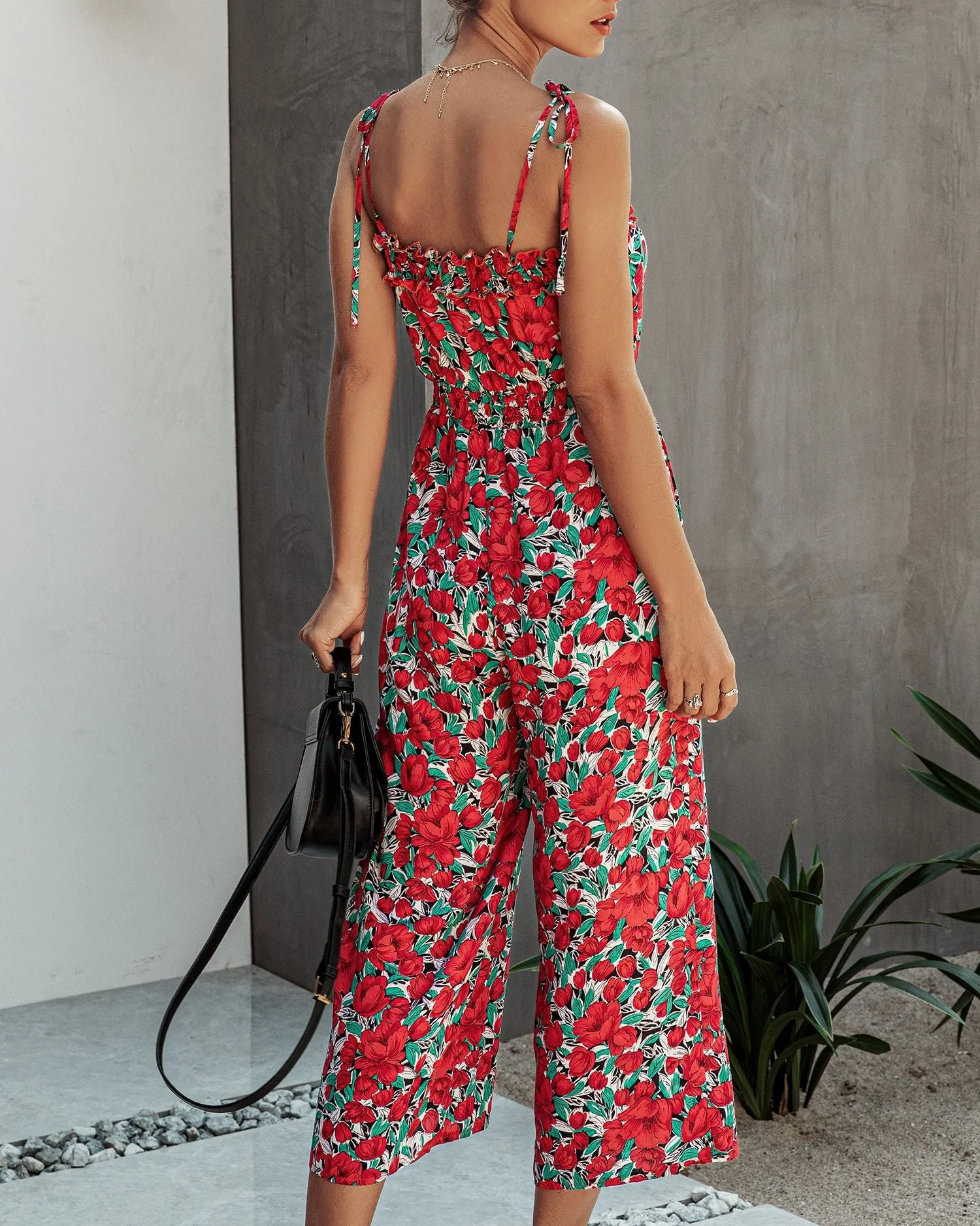 Off Shoulder Backless Suspenders Jumpsuit Elastic Waist Printed Rompers