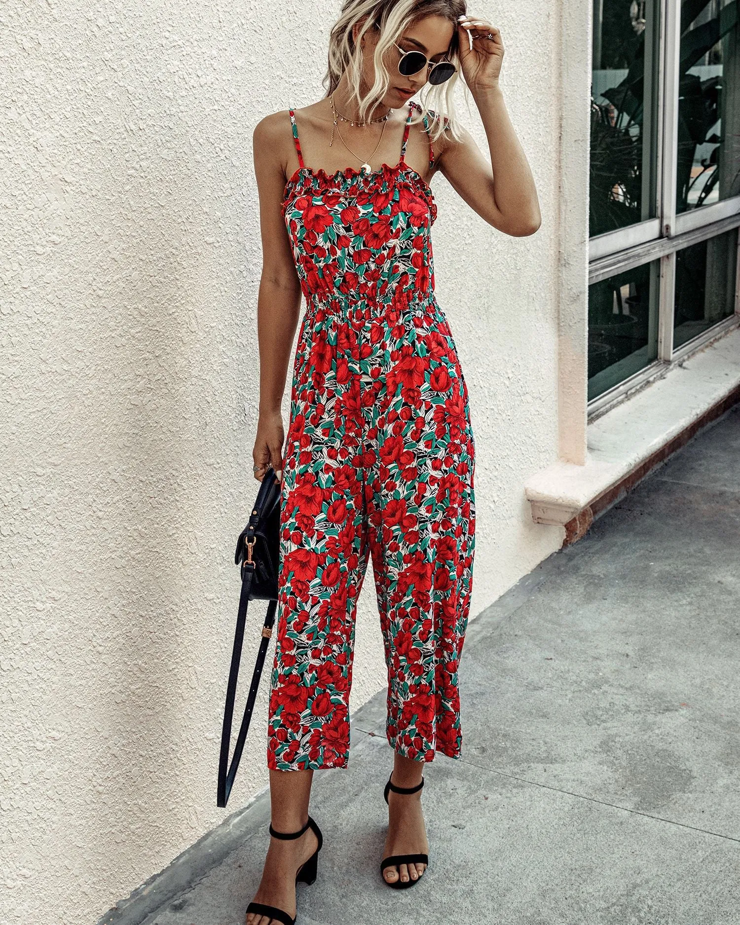 Off Shoulder Backless Suspenders Jumpsuit Elastic Waist Printed Rompers