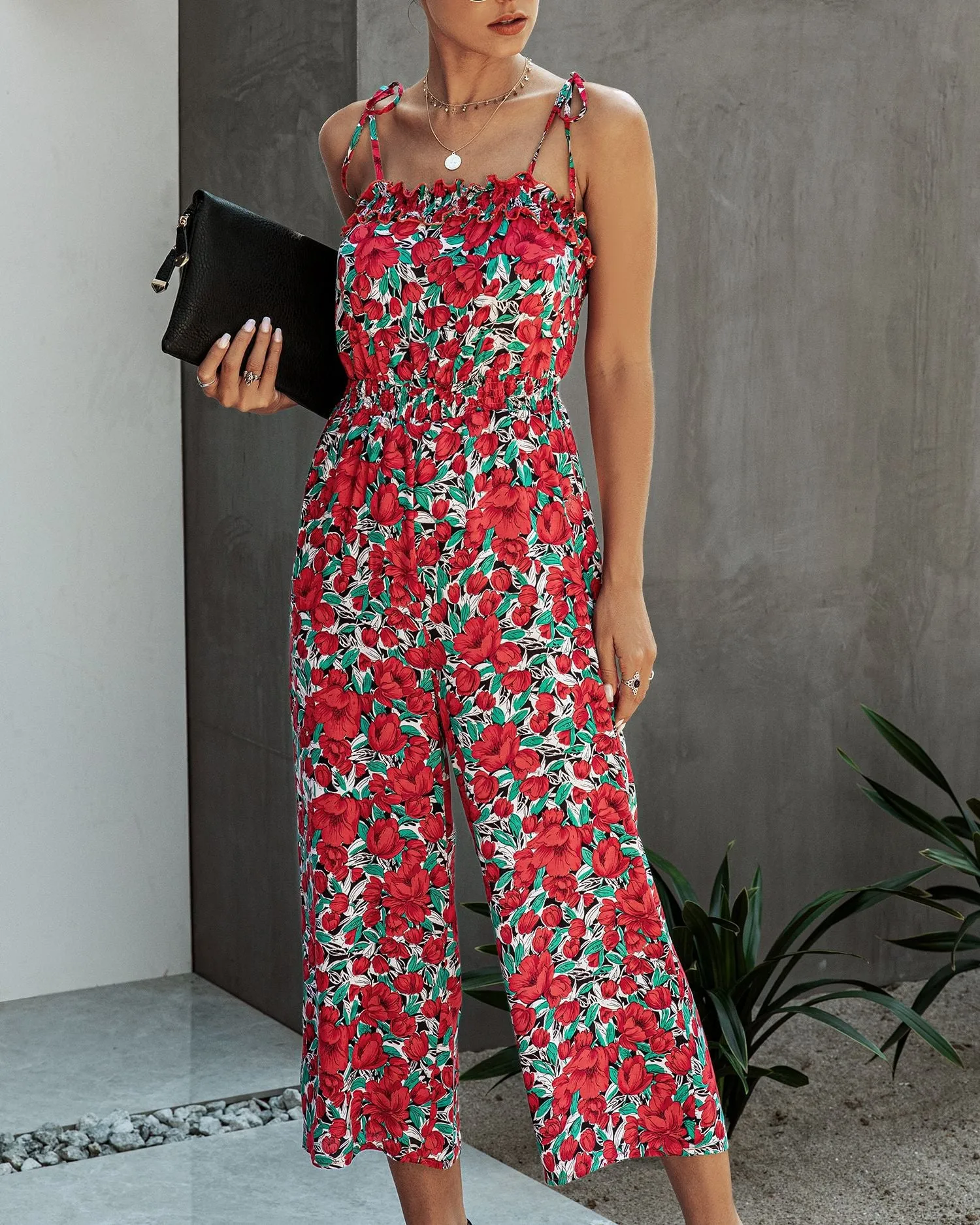 Off Shoulder Backless Suspenders Jumpsuit Elastic Waist Printed Rompers