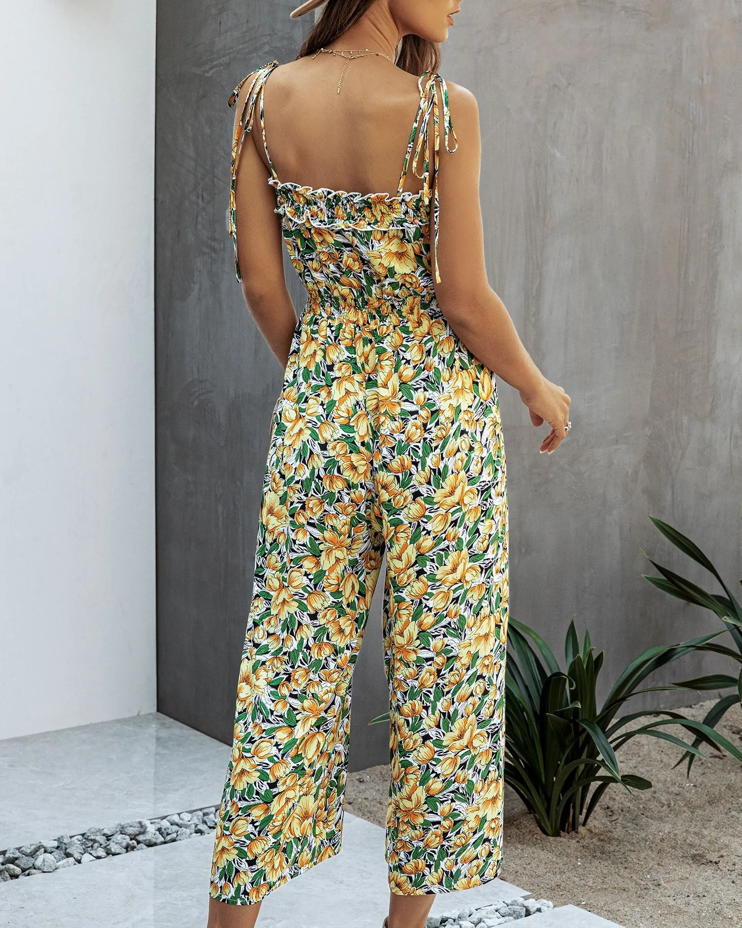 Off Shoulder Backless Suspenders Jumpsuit Elastic Waist Printed Rompers