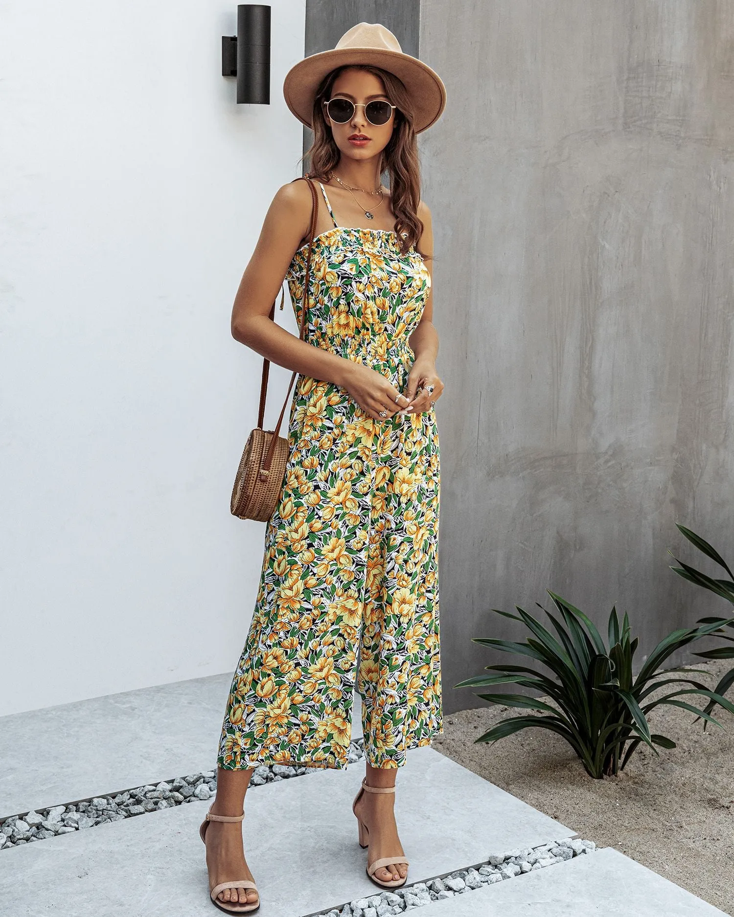 Off Shoulder Backless Suspenders Jumpsuit Elastic Waist Printed Rompers
