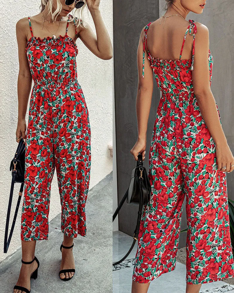 Off Shoulder Backless Suspenders Jumpsuit Elastic Waist Printed Rompers