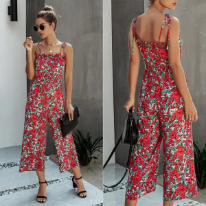 Off Shoulder Backless Suspenders Jumpsuit Elastic Waist Printed Rompers
