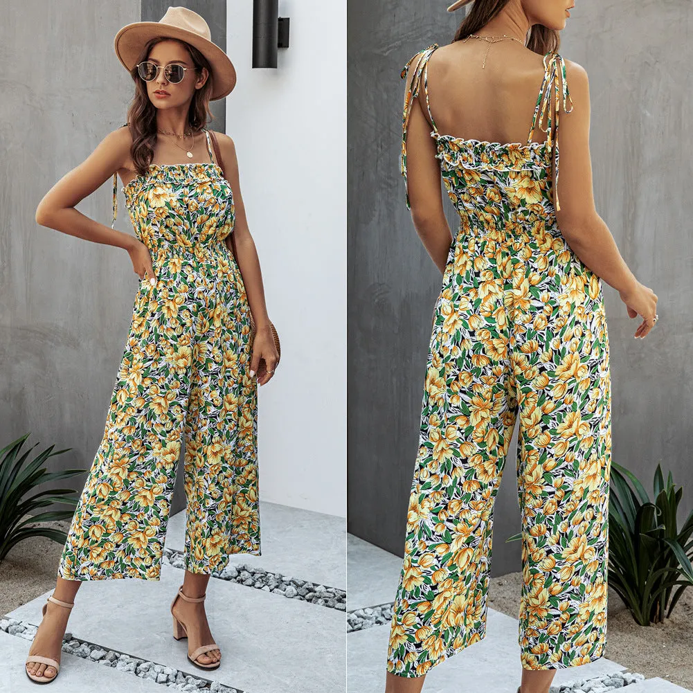 Off Shoulder Backless Suspenders Jumpsuit Elastic Waist Printed Rompers