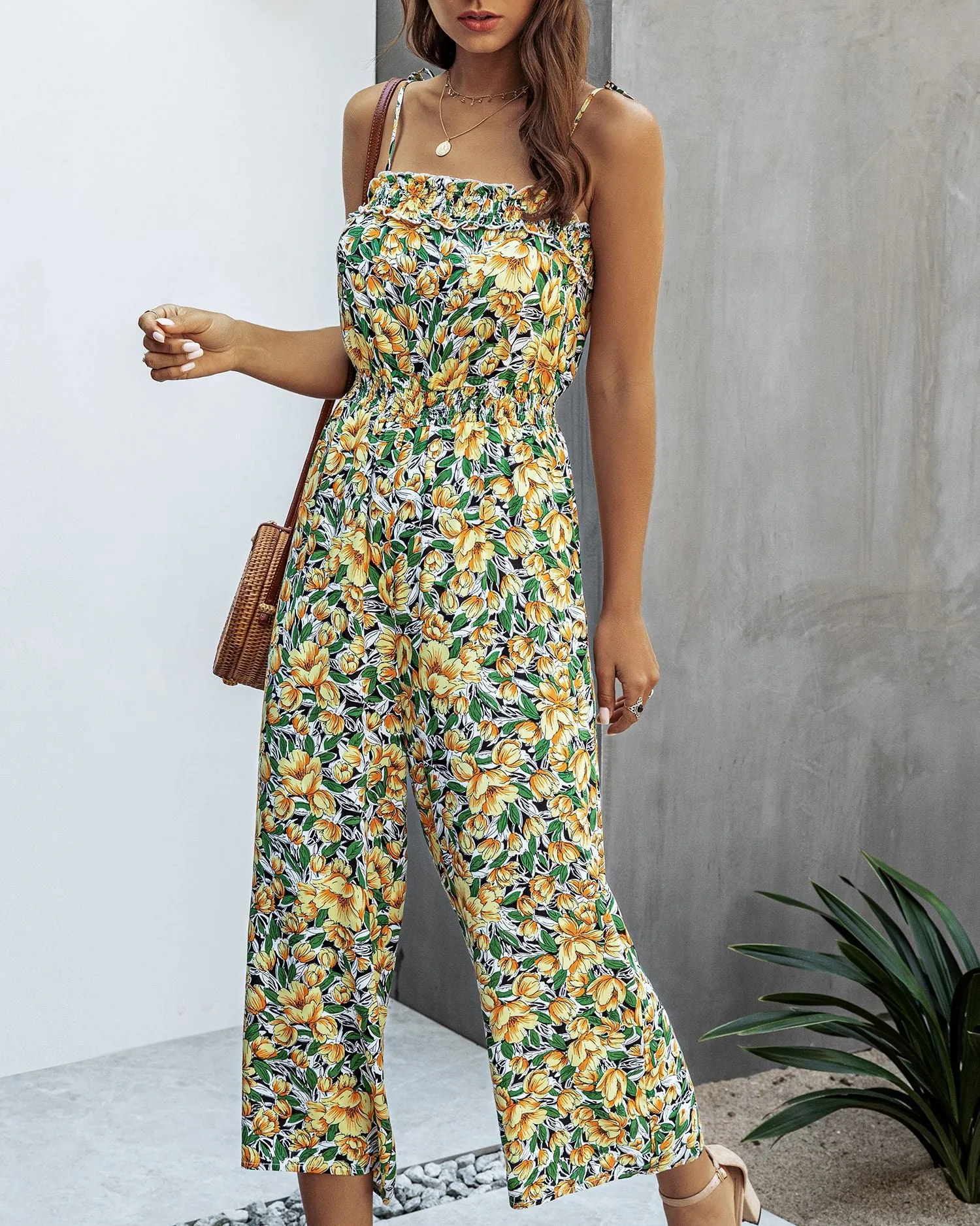 Off Shoulder Backless Suspenders Jumpsuit Elastic Waist Printed Rompers