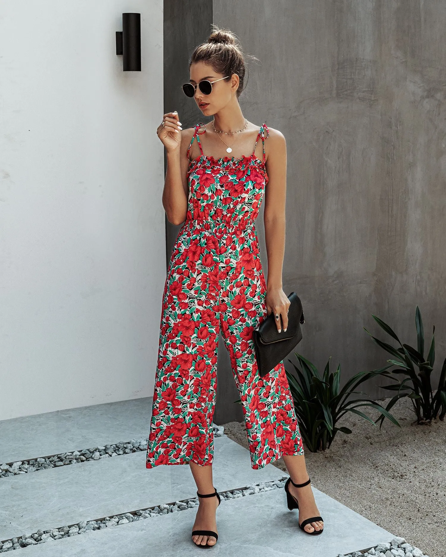 Off Shoulder Backless Suspenders Jumpsuit Elastic Waist Printed Rompers