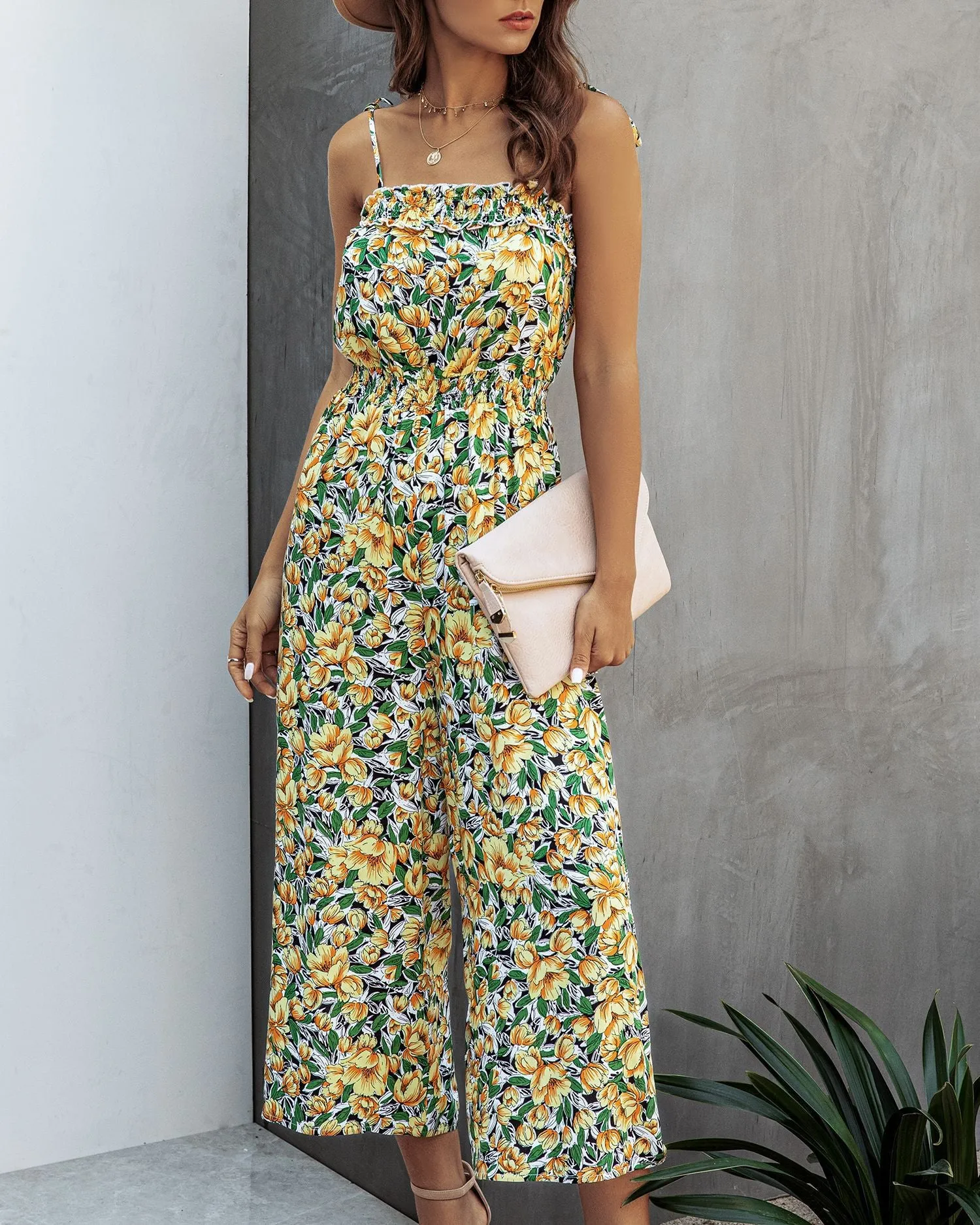 Off Shoulder Backless Suspenders Jumpsuit Elastic Waist Printed Rompers
