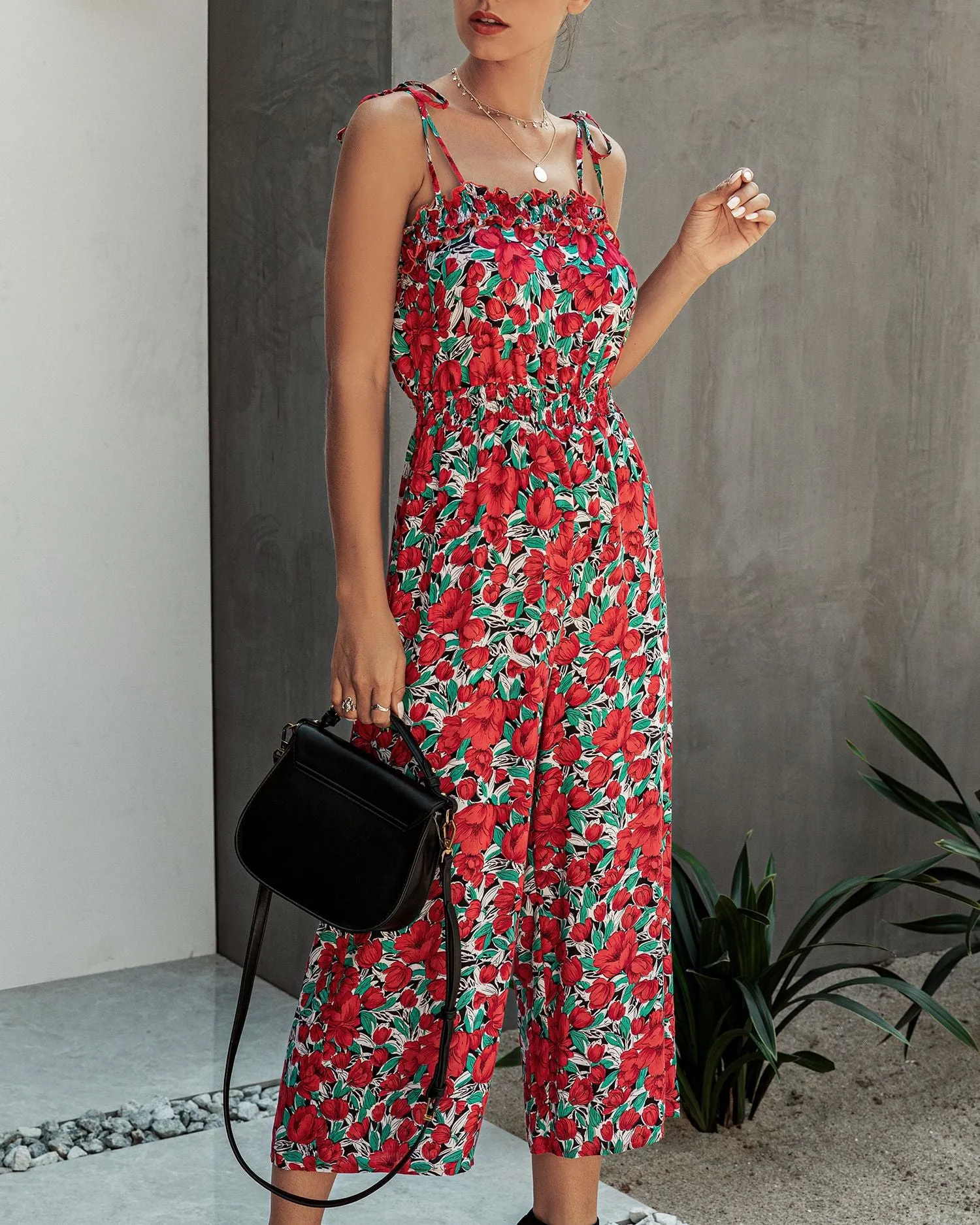 Off Shoulder Backless Suspenders Jumpsuit Elastic Waist Printed Rompers