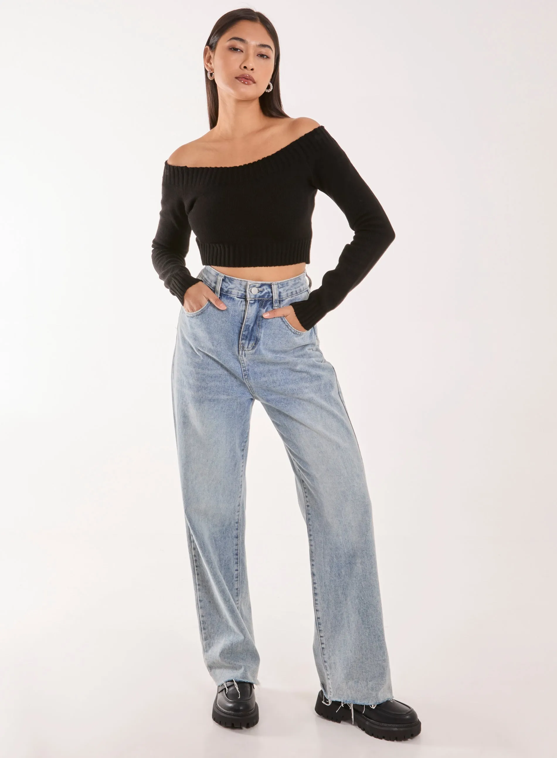 Off Shoulder Crop Knit Top