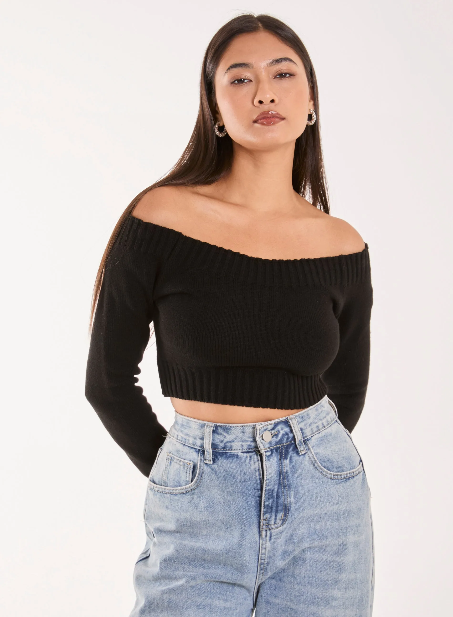 Off Shoulder Crop Knit Top