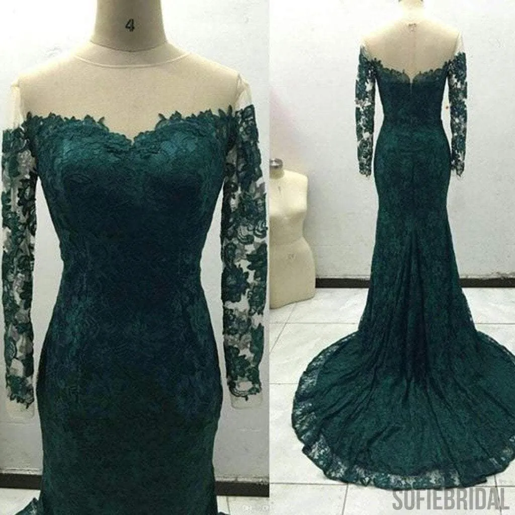 Off Shoulder Green Lace Long Sleeve See Through Long Sheath Prom Dresses, PD0269