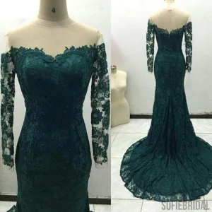 Off Shoulder Green Lace Long Sleeve See Through Long Sheath Prom Dresses, PD0269