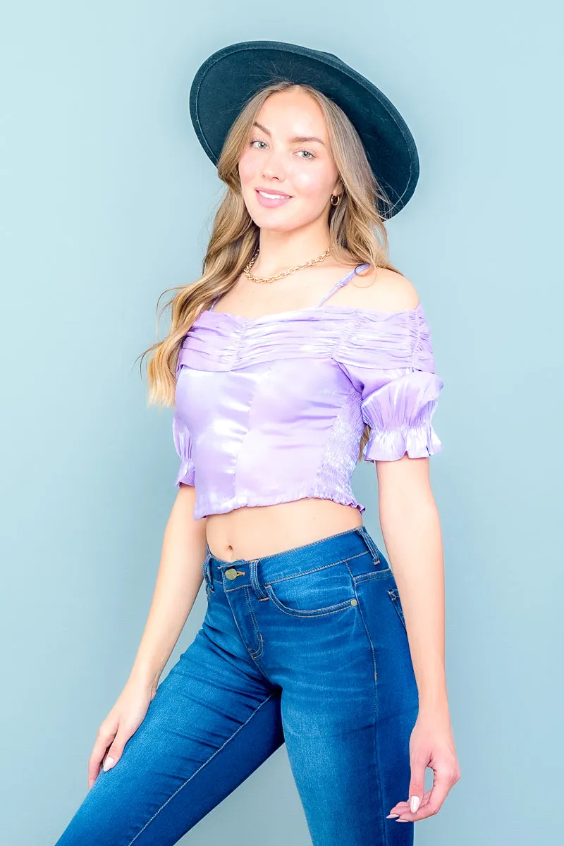 Off Shoulder Spaghetti Strap Crop Top with Ruffled Balloon 1/2 Sleeves (Y21059)