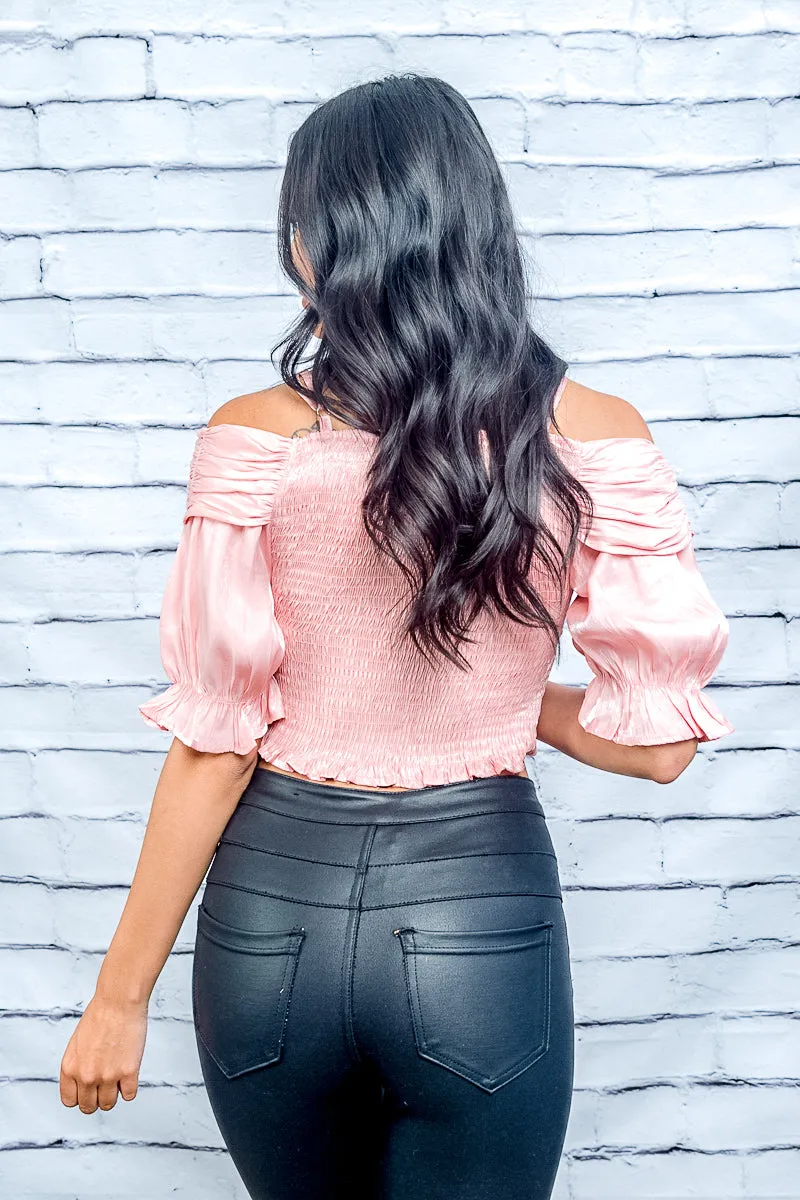 Off Shoulder Spaghetti Strap Crop Top with Ruffled Balloon 1/2 Sleeves (Y21059)