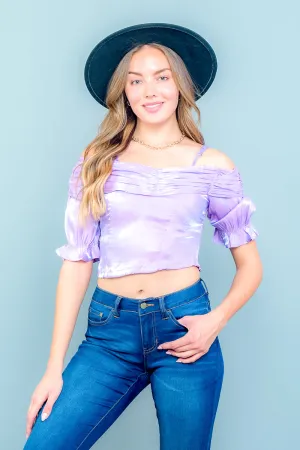 Off Shoulder Spaghetti Strap Crop Top with Ruffled Balloon 1/2 Sleeves (Y21059)