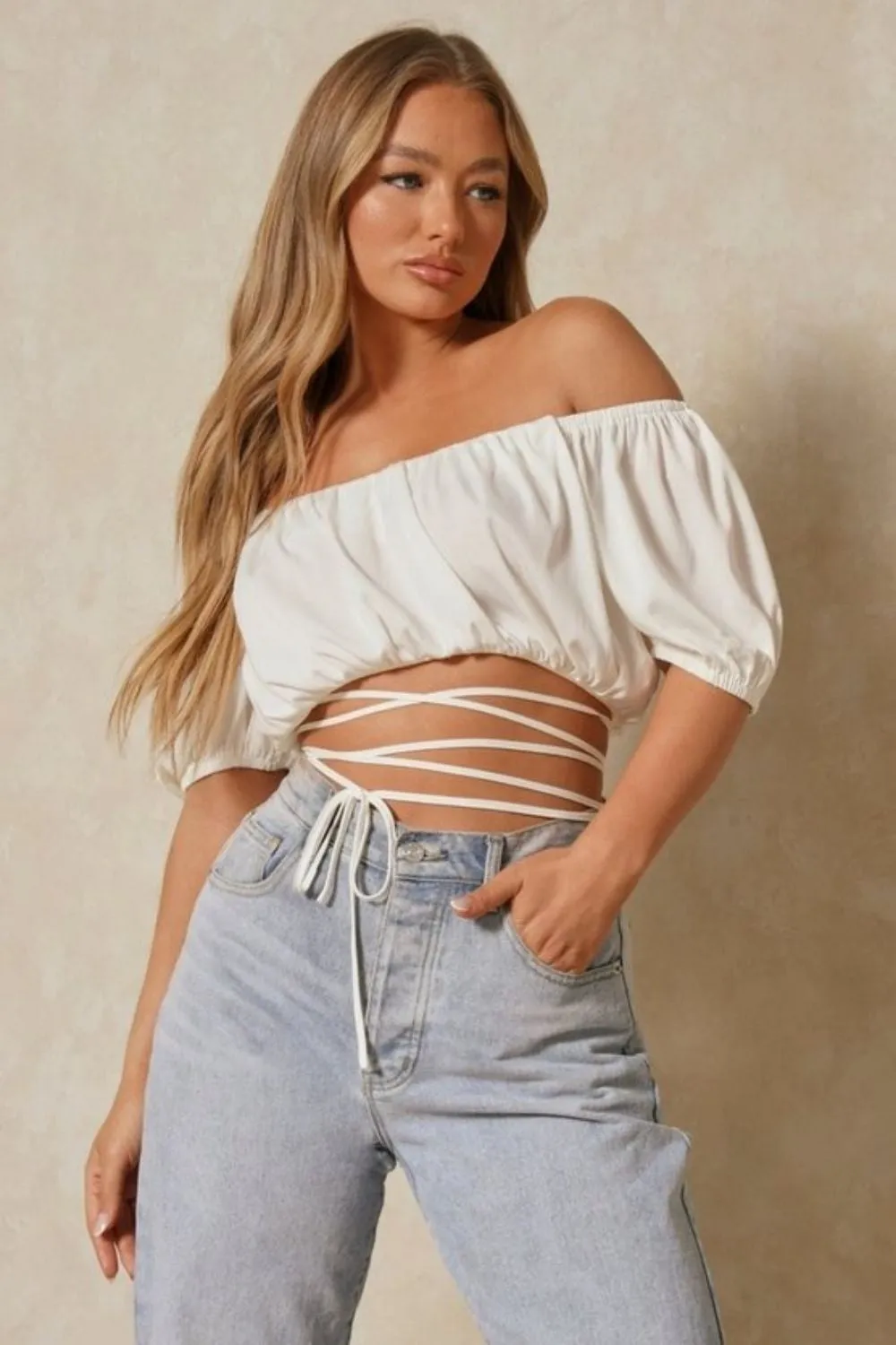 Off Shoulder Tie Knot Detail At Waist White Crop Top