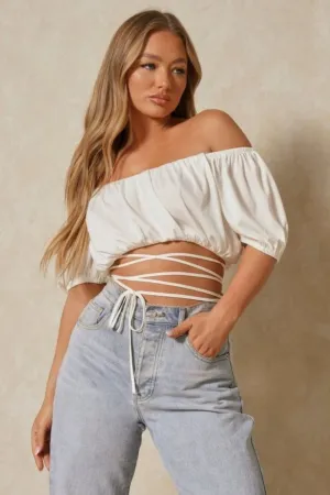 Off Shoulder Tie Knot Detail At Waist White Crop Top