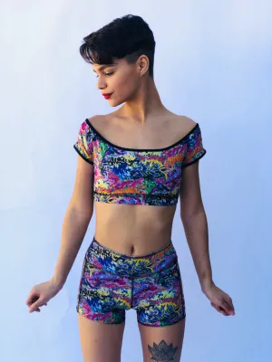 OFF THE SHOULDER CROP TOP GRAFFITI/BUNS OF STEEL