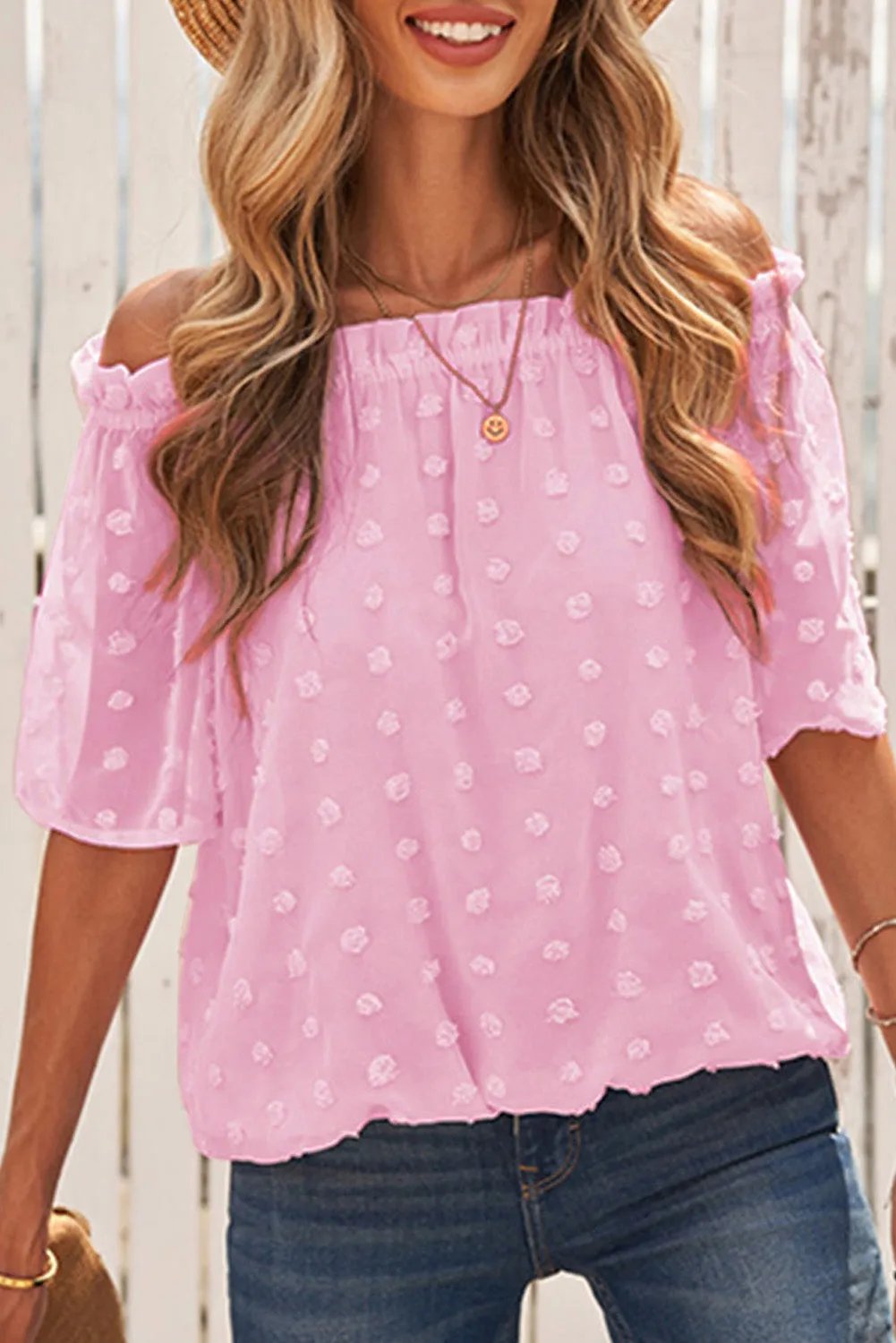 Off The Shoulder Swiss Dot Crop Blouse