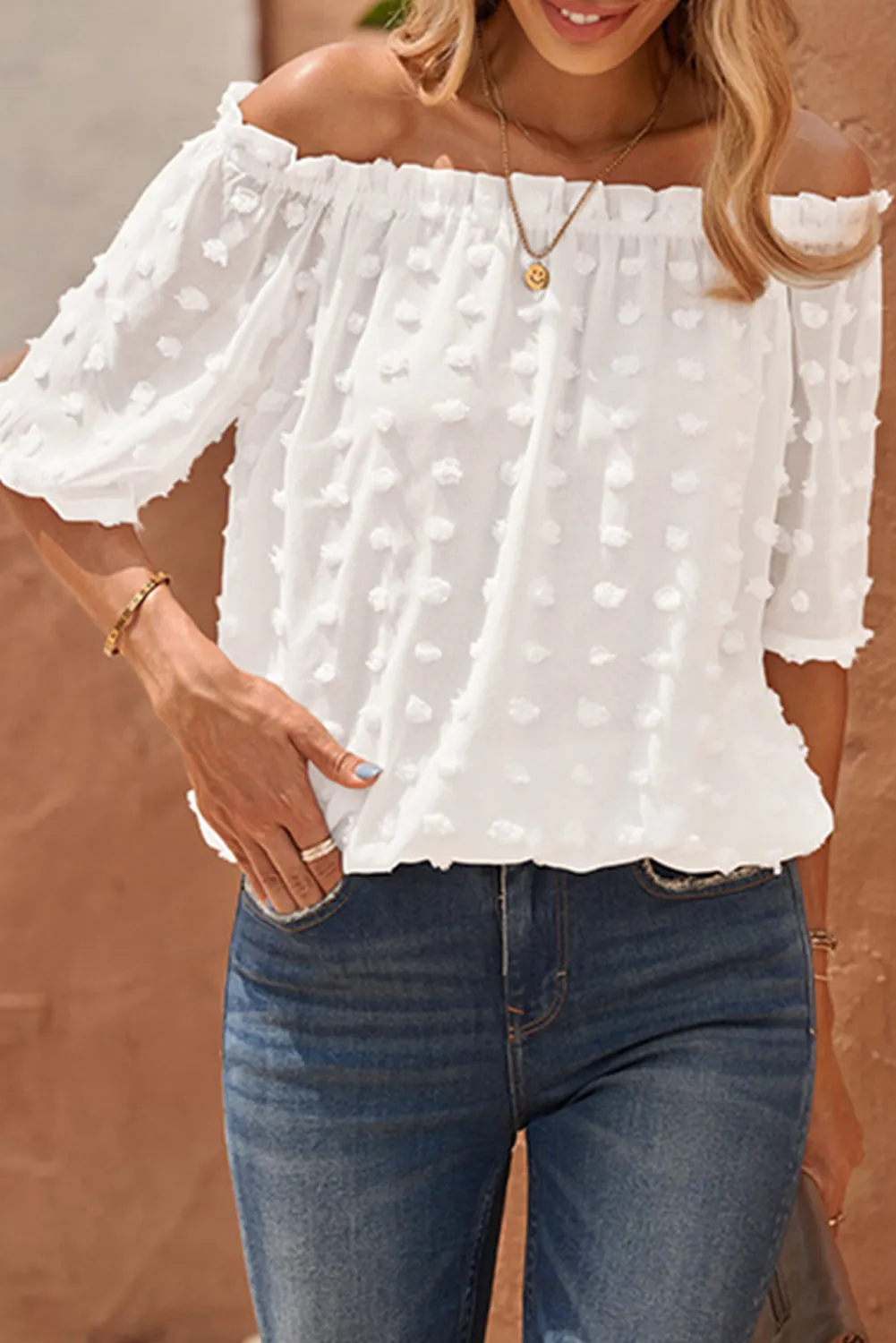 Off The Shoulder Swiss Dot Crop Blouse