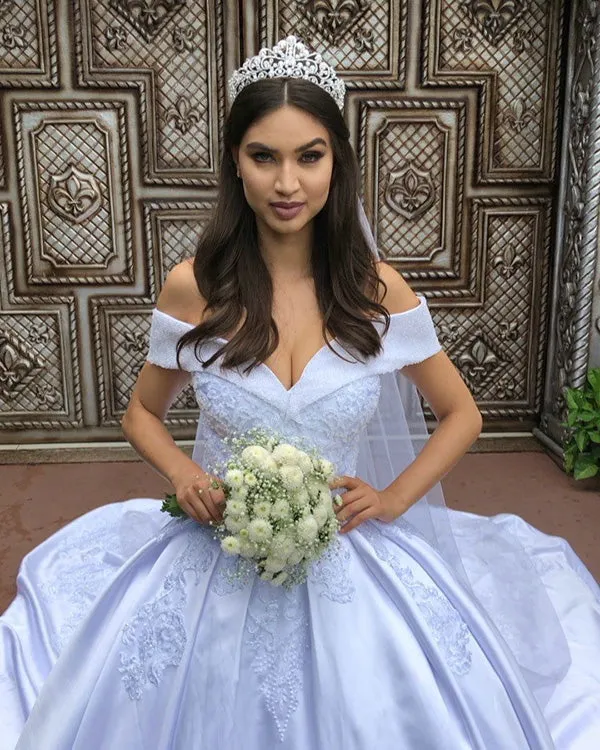Off The Shoulder White Satin Ball Gown Wedding Dresses Lace Appliques 2019 Bridal Gowns