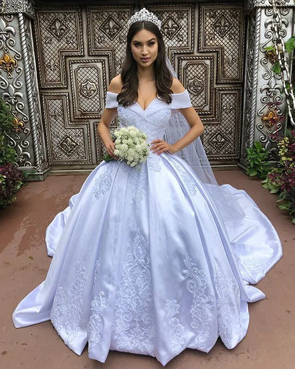 Off The Shoulder White Satin Ball Gown Wedding Dresses Lace Appliques 2019 Bridal Gowns