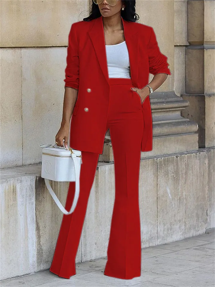 Office Ladies Solid Double Breasted Blazer Wide Leg Pants Sets