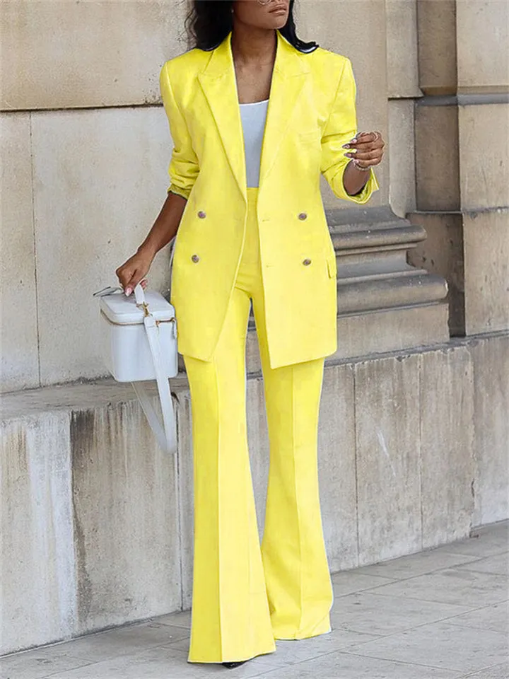 Office Ladies Solid Double Breasted Blazer Wide Leg Pants Sets