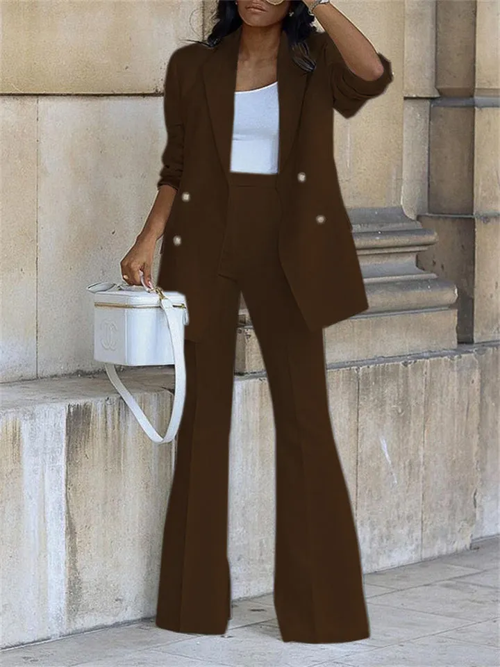 Office Ladies Solid Double Breasted Blazer Wide Leg Pants Sets
