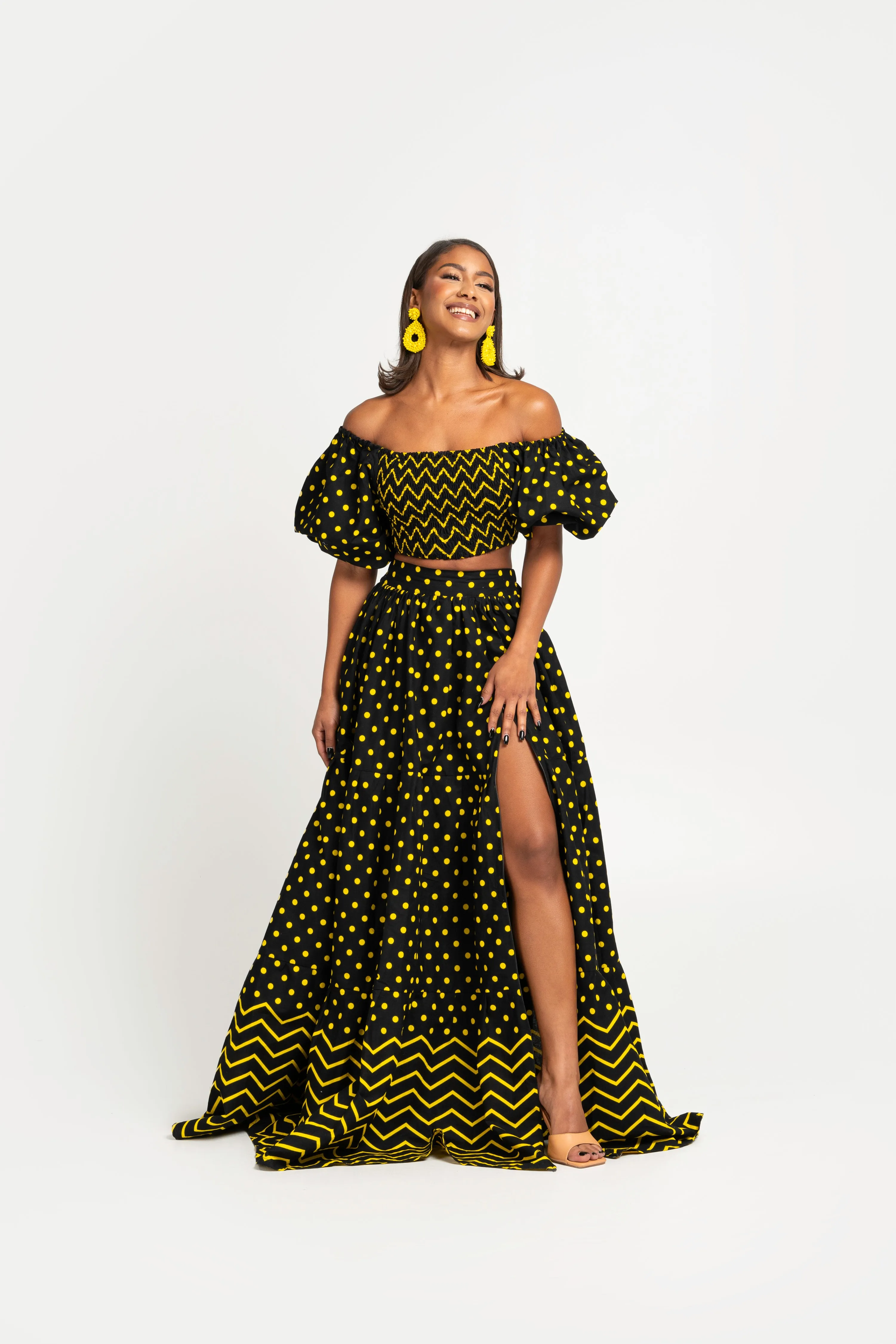 OGE Smocked Puffy Sleeve African Print Crop Top