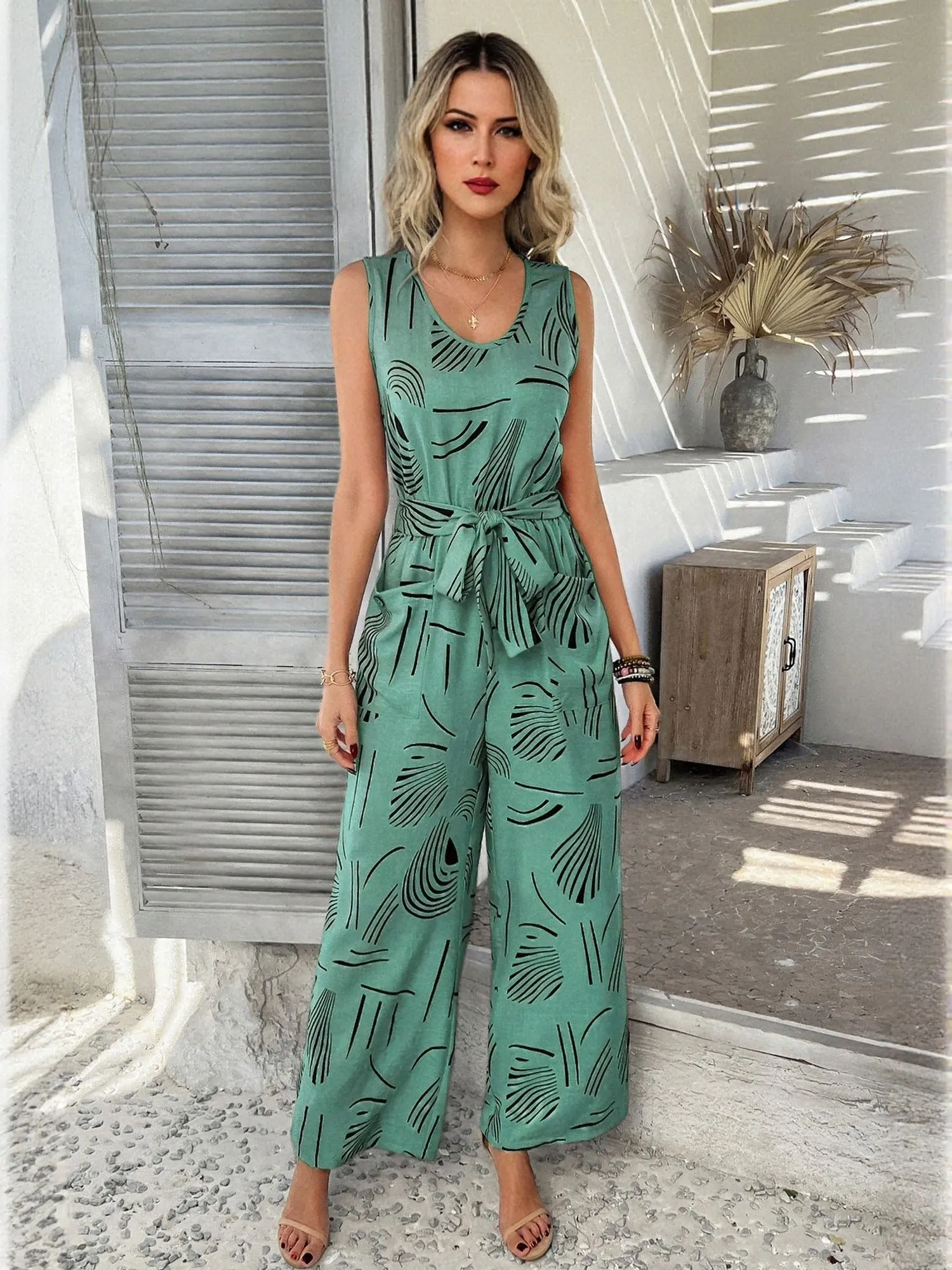 Olive Printed Tie Up Jumpsuit
