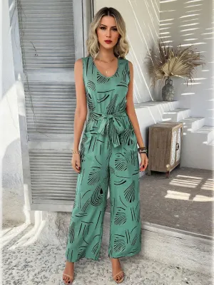 Olive Printed Tie Up Jumpsuit