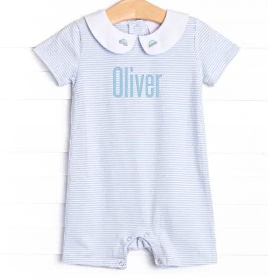 On the Way Home Embroidered Short Romper, Blue