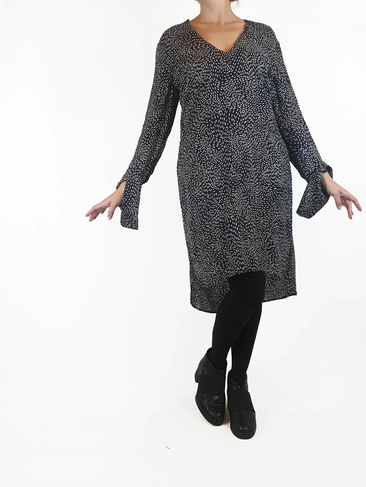 Once Was navy print long sleeve dress size 2, best fits 10