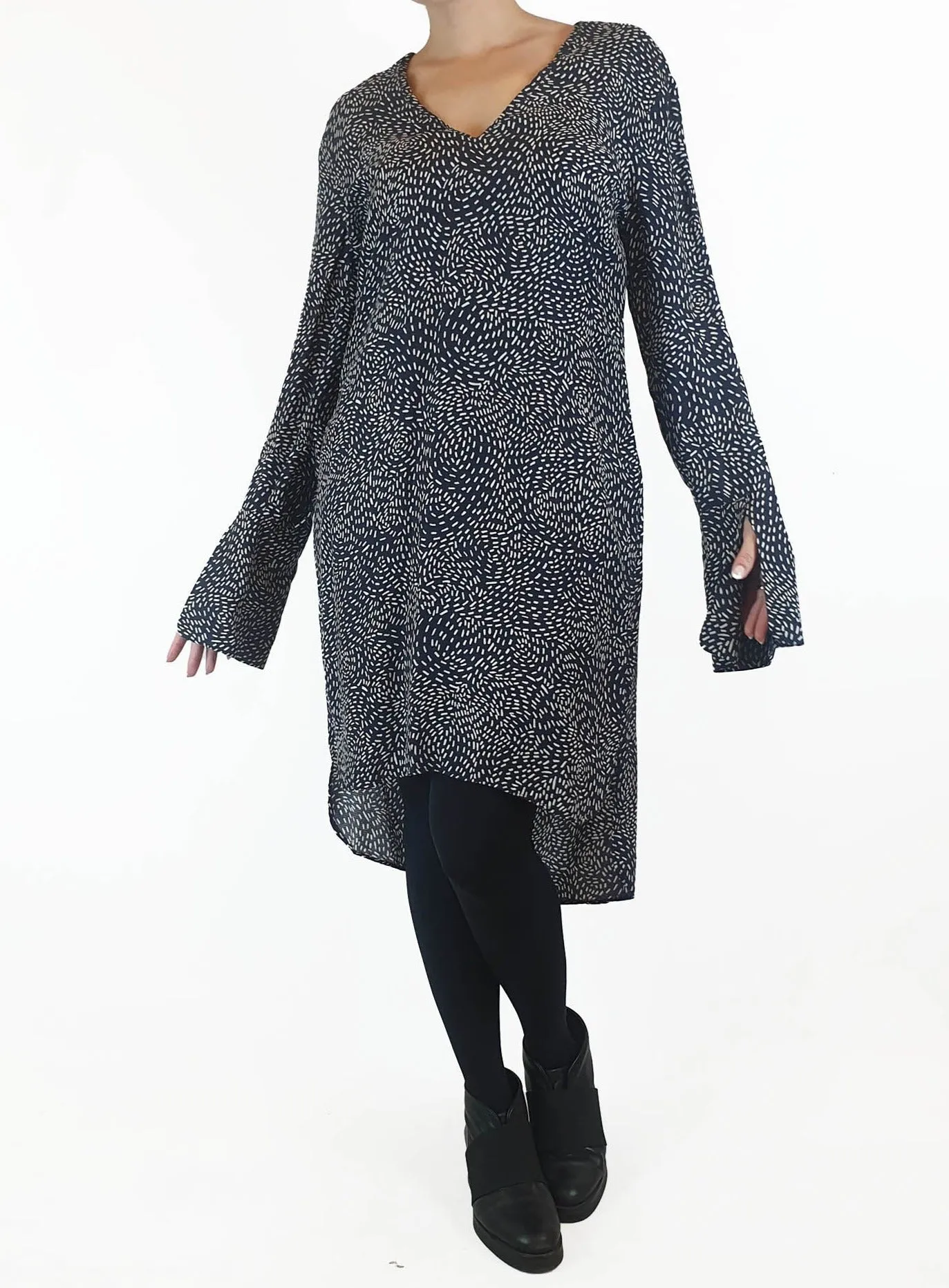 Once Was navy print long sleeve dress size 2, best fits 10