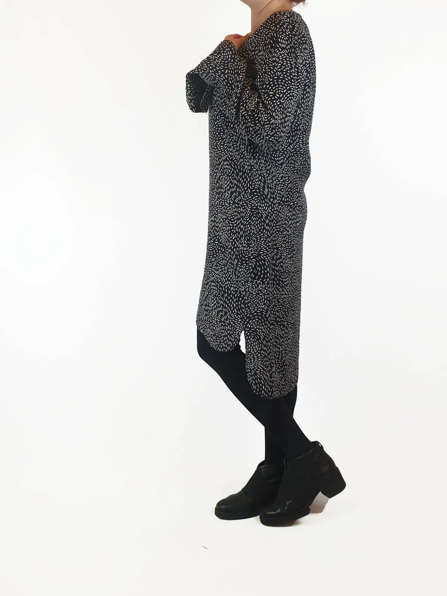 Once Was navy print long sleeve dress size 2, best fits 10