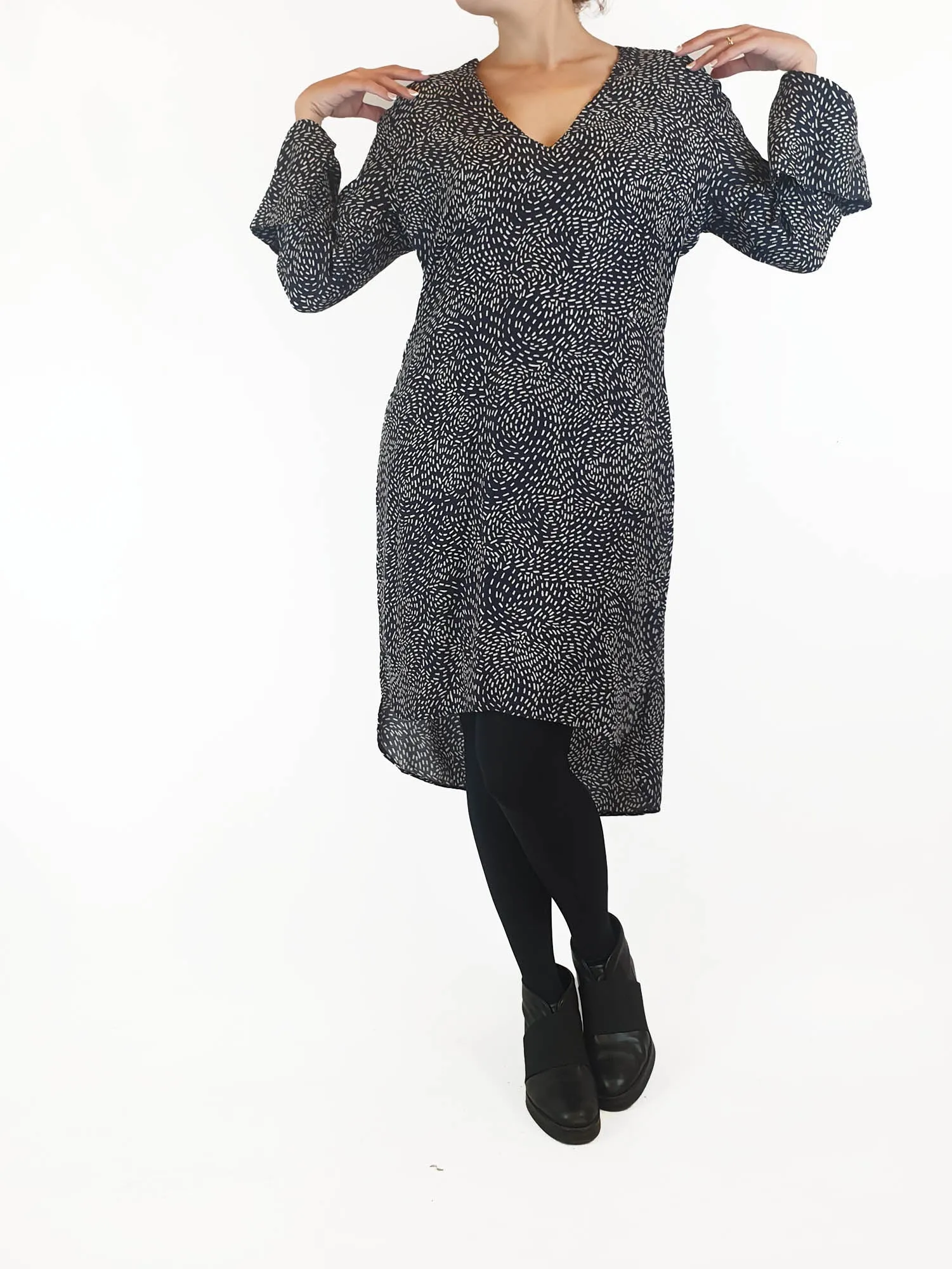 Once Was navy print long sleeve dress size 2, best fits 10