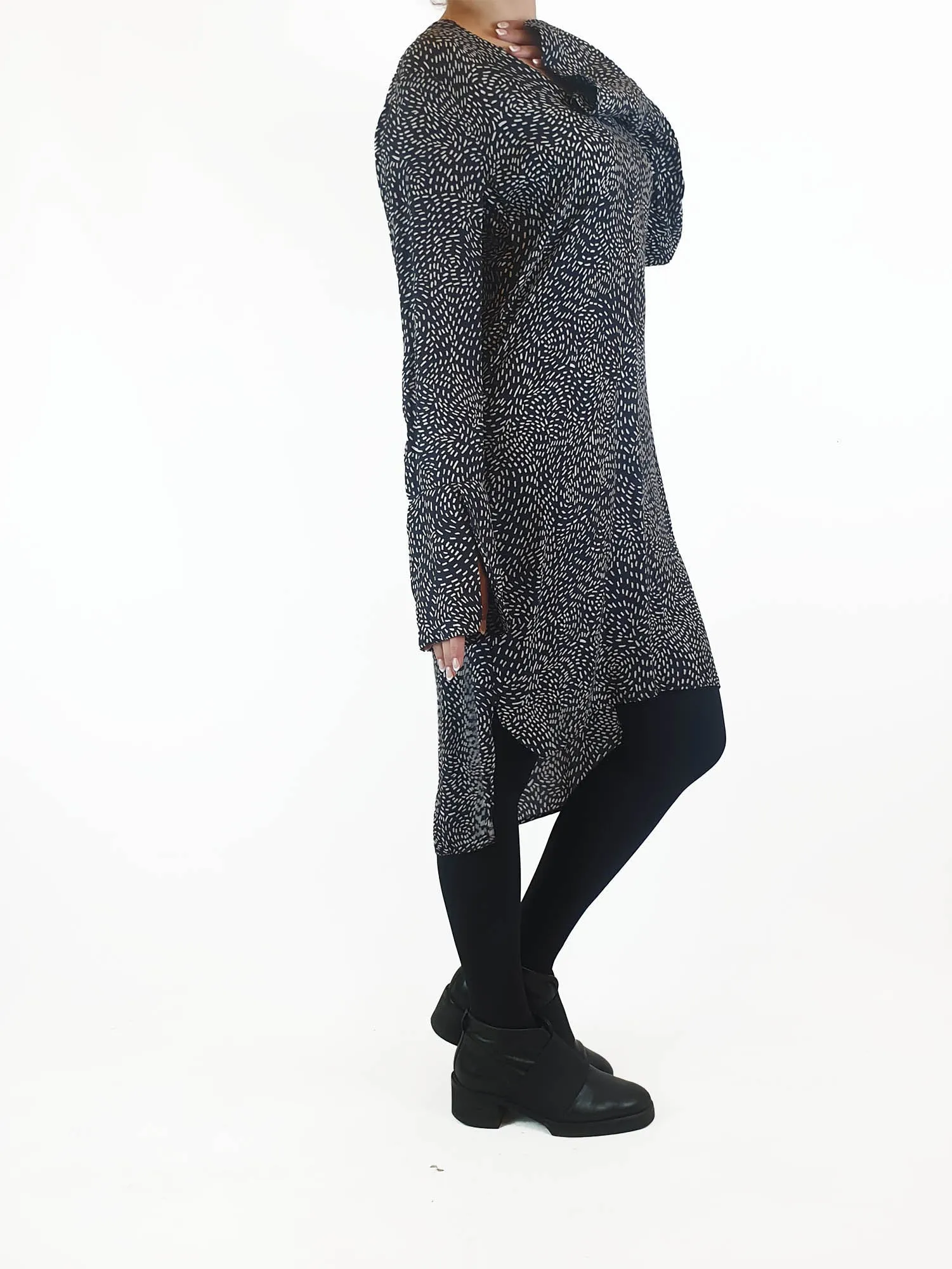 Once Was navy print long sleeve dress size 2, best fits 10