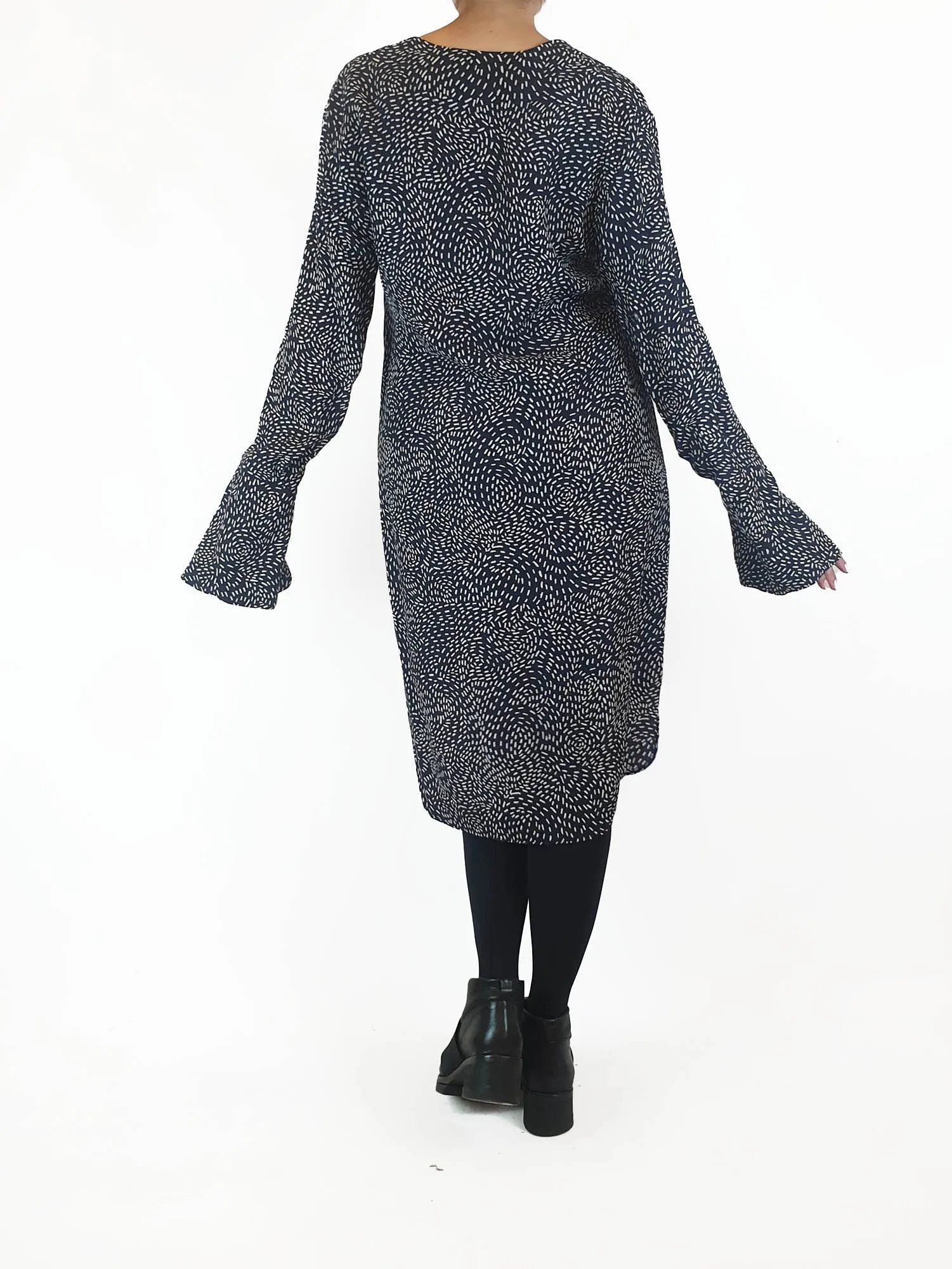 Once Was navy print long sleeve dress size 2, best fits 10