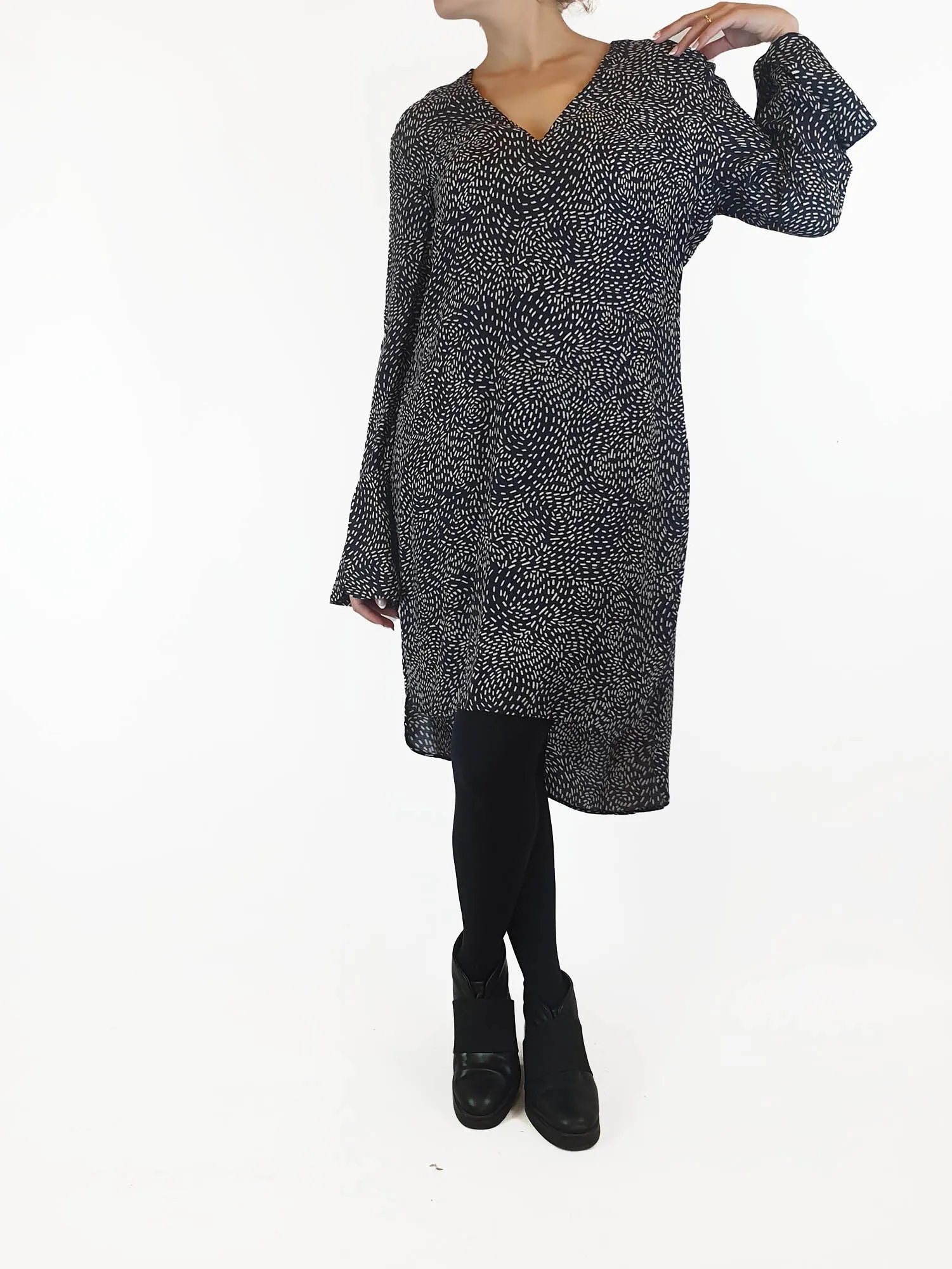 Once Was navy print long sleeve dress size 2, best fits 10