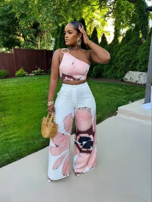 One shoulder printed pants suit