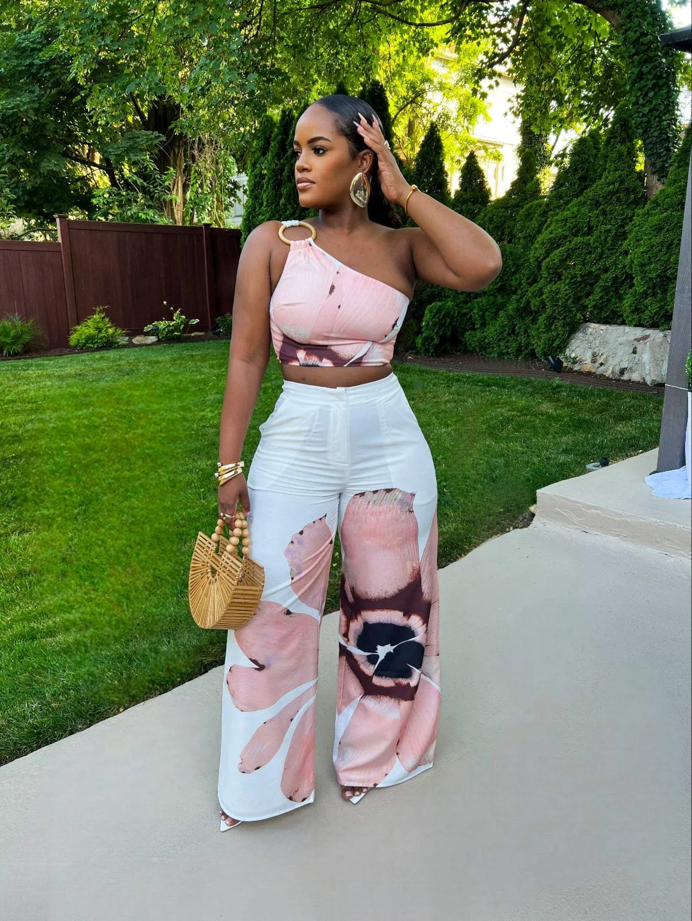 One shoulder printed pants suit